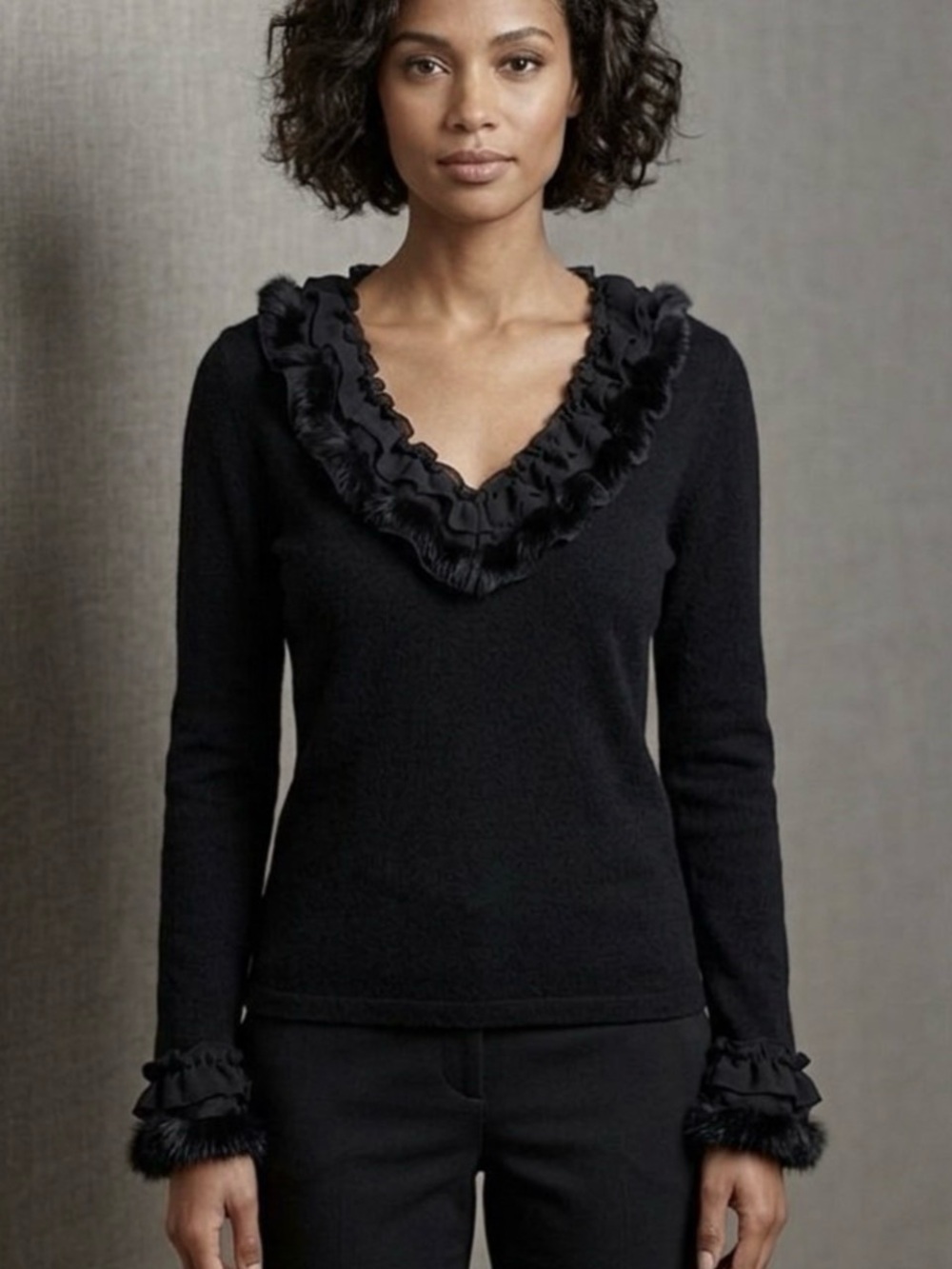 faux fur black collar sleeve stretch sweater Yuka platinum designer top Vintage